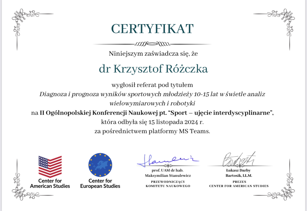 Certyfikat dr. Krzysztofa Różczki z II Ogólnopolskiej Konferencji Naukowej Sport – ujęcie interdyscyplinarne
