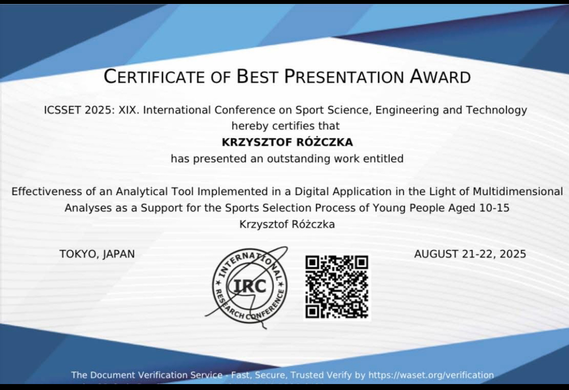Certyfikat uczestnictwa i prezentacji na międzynarodowej konferencji ICSET 2025 w Tokio