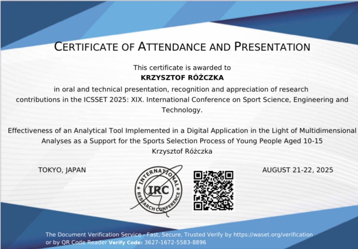 Certyfikat Best Presentation Award dla Krzysztofa Różczki na konferencji ICSET 2025